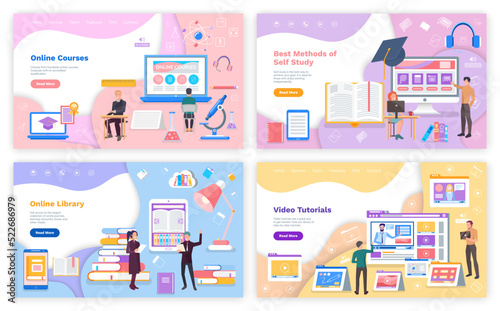 Best methods of self study, online courses, library, video tutorials website templates set. People working with online courses program for learning. Educational content in electronic devices