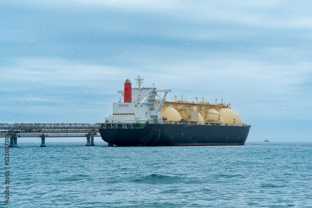 liquefied natural gas tanker during loading at an LNG offshore terminal