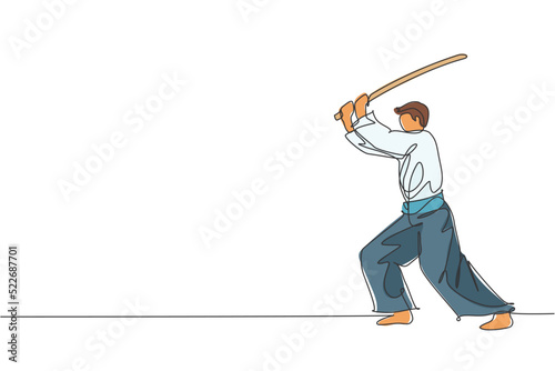 One continuous line drawing of young man aikido fighter practice fighting with wooden sword at dojo training center. Martial art combative sport concept. Single line draw design vector illustration