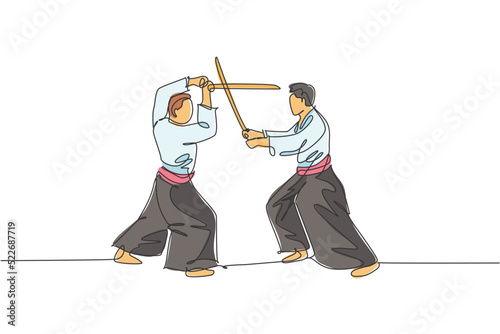 Single continuous line drawing of two sportive men wearing kimono practice aikido sparring fight technique with wooden sword. Japanese martial art concept. One line draw design vector illustration