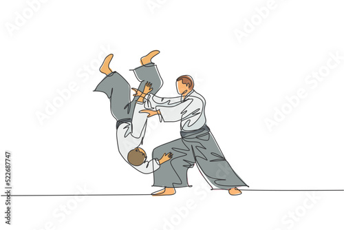 One single line drawing of young energetic man wearing kimono exercise aikido throw technique in sport hall vector illustration. Healthy lifestyle sport concept. Modern continuous line draw design