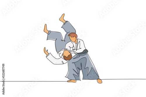 One continuous line drawing of two young men aikido fighter practice fighting train slamming technique at dojo center. Martial art sport concept. Dynamic single line draw design vector illustration