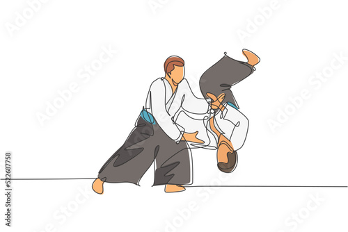 Single continuous line drawing of young sportive man wearing kimono practice throwing enemy in aikido fighting technique. Japanese martial art concept. Trendy one line draw design vector illustration
