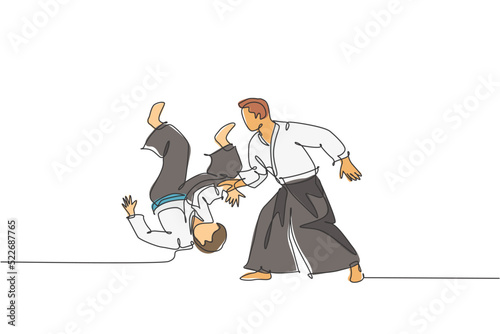 One continuous line drawing of young man aikido fighter practice fighting technique at dojo training center. Martial art combative sport concept. Dynamic single line draw design vector illustration