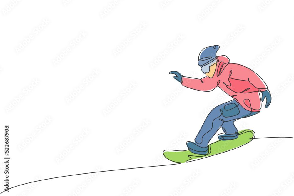 Obraz premium One continuous line drawing of young sporty man snowboarder riding snowboard in alps snowy powder mountain. Winter lifestyle sport concept. Dynamic single line draw design vector graphic illustration