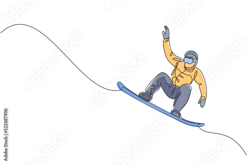 One continuous line drawing of young sporty man snowboarder riding snowboard and jumping alps snowy powder mountain. Winter lifestyle sport concept. Dynamic single line draw design vector illustration