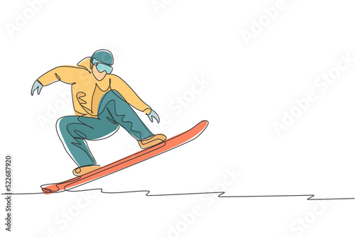 One single line drawing young energetic snowboarder man ride fast snowboard at snowy mountain graphic vector illustration. Tourist vacation lifestyle sport concept. Modern continuous line draw design