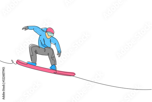 Single continuous line drawing of young sportive snowboarder man riding snowboard at mountain. Outdoor extreme sport. Winter season vacation concept. Trendy one line draw design vector illustration