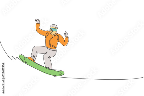 One continuous line drawing of young sporty man snowboarder riding snowboard in alps snowy powder mountain. Winter lifestyle sport concept. Dynamic single line draw graphic design vector illustration