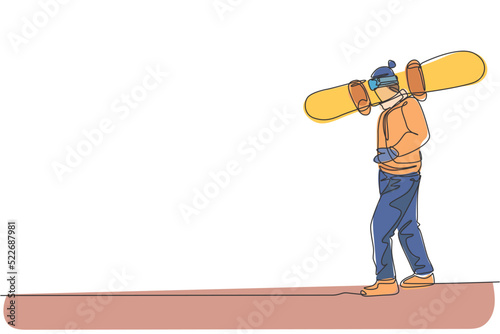 One single line drawing young energetic snowboarder man ride fast snowboard at snowy mountain graphic vector illustration. Tourist vacation lifestyle sport concept. Modern continuous line draw design