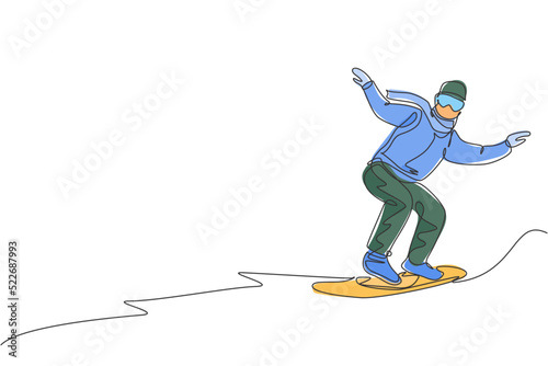 One single line drawing young energetic snowboarder man ride fast snowboard at snowy mountain graphic vector illustration. Tourist vacation lifestyle sport concept. Modern continuous line draw design