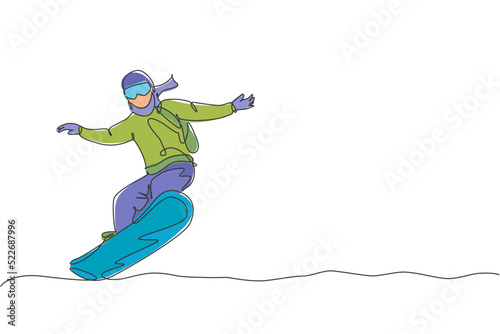One continuous line drawing of young sporty man snowboarder riding snowboard in alps snowy powder mountain. Winter lifestyle sport concept. Dynamic single line draw graphic design vector illustration