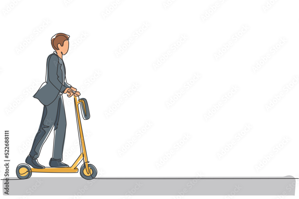 One continuous line drawing of young worker man ride electric scooter to go to the office. Green transportation. Future urban lifestyle concept. Dynamic single line draw design vector illustration One continuous line drawing of young worker man ride electric scooter to go to the office. Green transportation. Future urban lifestyle concept. Dynamic single line draw design vector illustration