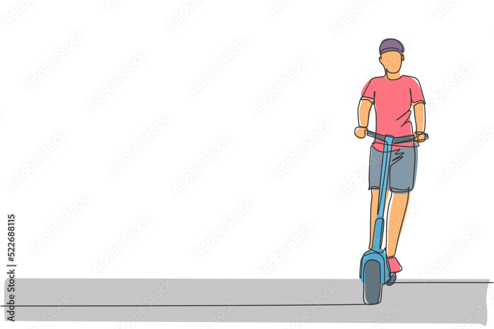 One single line drawing of young energetic man riding electric scooter at city park vector graphic illustration. Future transport. Healthy lifestyle sport concept. Modern continuous line draw design One single line drawing of young energetic man riding electric scooter at city park vector graphic illustration. Future transport. Healthy lifestyle sport concept. Modern continuous line draw design