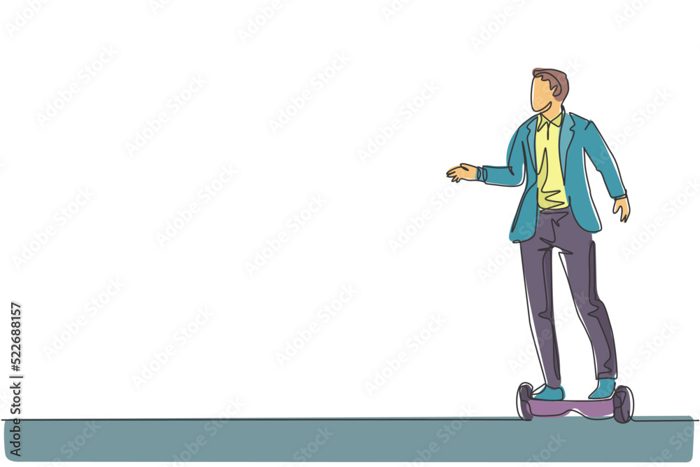 Single continuous line drawing of young happy businessman riding hoverboard to go to the company. Eco friendly transportation. Urban lifestyle concept. Trendy one line draw design vector illustration Single continuous line drawing of young happy businessman riding hoverboard to go to the company. Eco friendly transportation. Urban lifestyle concept. Trendy one line draw design vector illustration