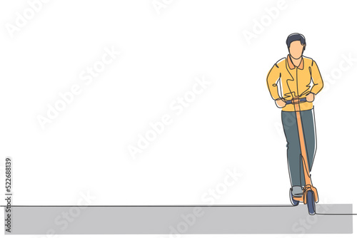 One continuous line drawing of worker man stand and ride electric scooter at outdoor park. Green transportation. Future urban lifestyle concept. Dynamic single line draw design vector illustration