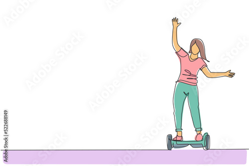 One single line drawing of young energetic man riding hoverboard at city park vector illustration. Future gyro scooter transport. Healthy urban lifestyle concept. Modern continuous line draw design
