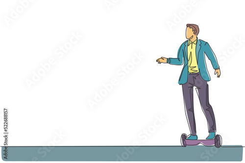Single continuous line drawing of young happy businessman riding hoverboard to go to the company. Eco friendly transportation. Urban lifestyle concept. Trendy one line draw design vector illustration