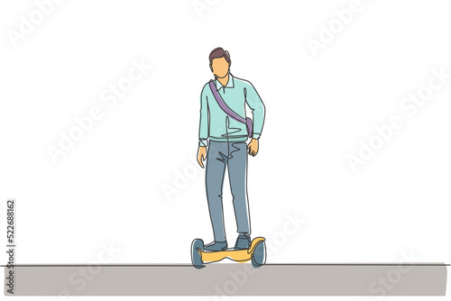 One continuous line drawing of young happy worker man stand and ride hoverboard to office. Green transportation. Future urban lifestyle concept. Dynamic single line draw design vector illustration