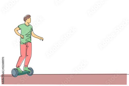 Single continuous line drawing of young happy man riding hoverboard at public area. Eco friendly gyroscooter transportation. Urban lifestyle concept. Trendy one line draw design vector illustration