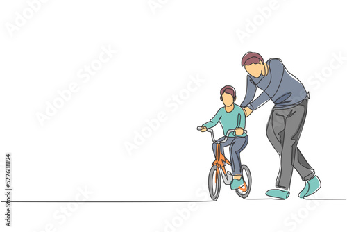 One continuous line drawing of young father help his son learning to ride a bicycle at countryside together. Parenthood lesson concept. Dynamic single line draw design graphic vector illustration