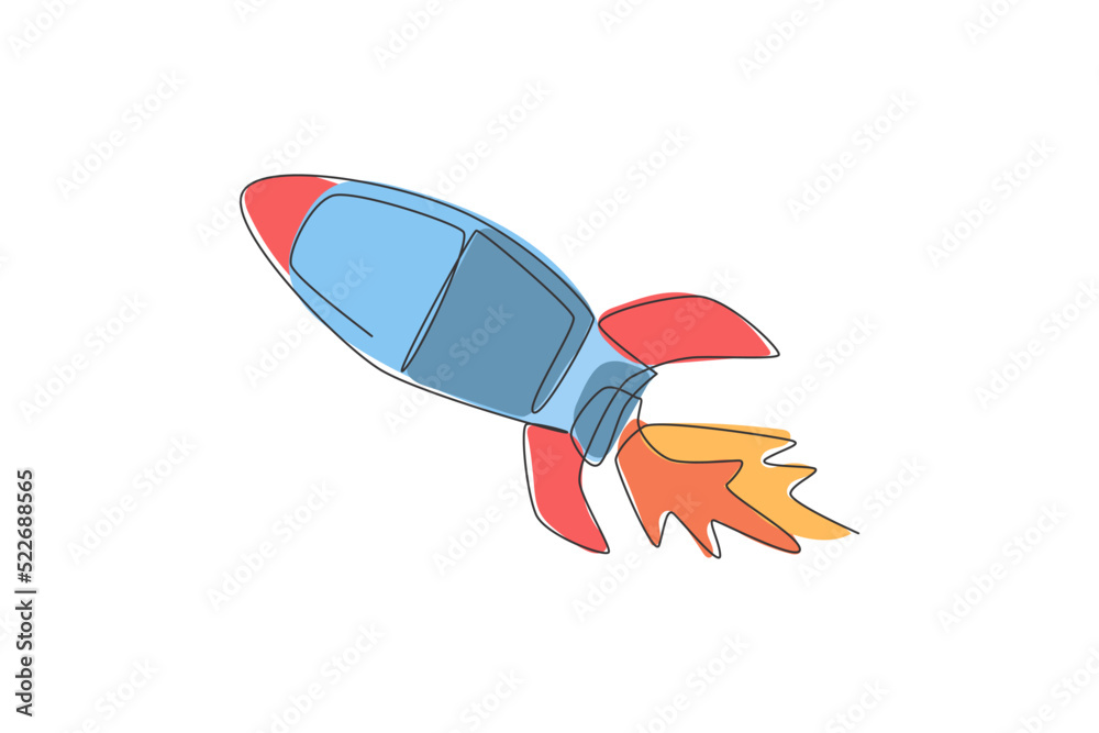 Single continuous line drawing rocket launch fly into the sky universe. Vintage spacecraft rocketship. Simple retro outer space vehicle concept. Trendy one line draw design graphic vector illustration Single continuous line drawing rocket launch fly into the sky universe. Vintage spacecraft rocketship. Simple retro outer space vehicle concept. Trendy one line draw design graphic vector illustration