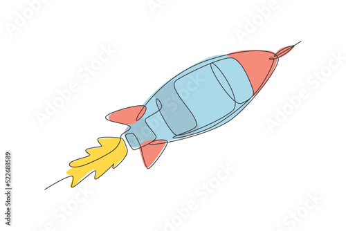 One single line drawing of simple vintage rocket takes off into the outer space graphic vector illustration. Exploration cosmos galactic with spaceship concept. Modern continuous line draw design