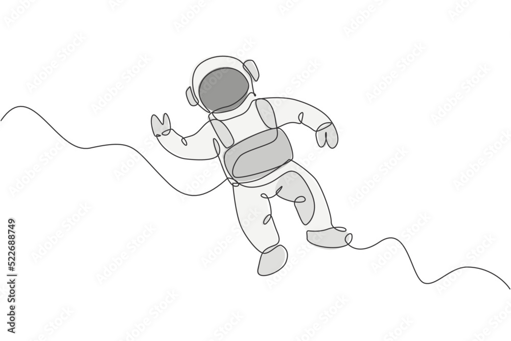 Single continuous line drawing of young cosmonaut scientist discovering spacewalk universe in vintage style. Astronaut cosmic traveler concept. Trendy one line draw design vector graphic illustration Single continuous line drawing of young cosmonaut scientist discovering spacewalk universe in vintage style. Astronaut cosmic traveler concept. Trendy one line draw design vector graphic illustration