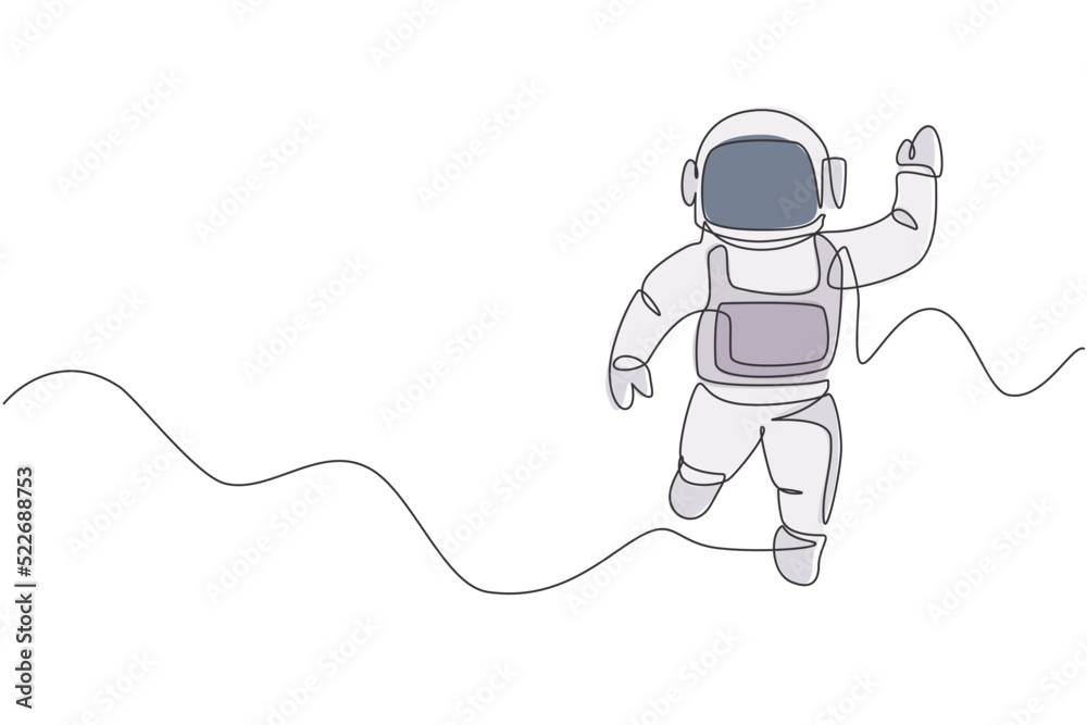 Obraz premium Single continuous line drawing of young cosmonaut scientist discovering spacewalk universe in vintage style. Astronaut cosmic traveler concept. Trendy one line draw graphic design vector illustration