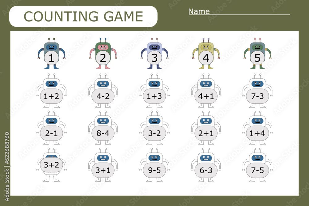 How many counting game with colorful robots. Preschool worksheet, kids activity sheet, printable worksheet
