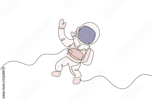 Single continuous line drawing of young cosmonaut scientist discovering spacewalk universe in vintage style. Astronaut cosmic traveler concept. Trendy one line draw graphic design vector illustration
