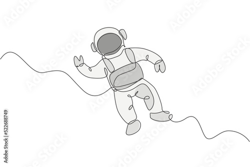 Single continuous line drawing of young cosmonaut scientist discovering spacewalk universe in vintage style. Astronaut cosmic traveler concept. Trendy one line draw design vector graphic illustration