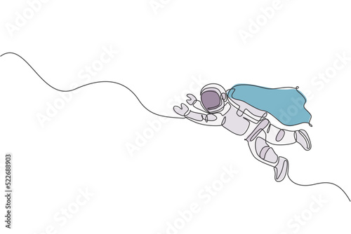 Single continuous line drawing floating science astronaut in spacewalk fly wearing wing suit. Fantasy deep space exploration, fiction concept. Trendy one line draw design vector graphic illustration