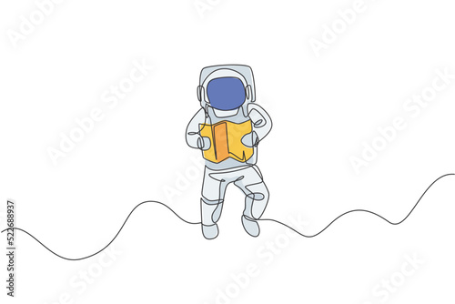 Single continuous line drawing floating science astronaut in spacewalk reading map navigator. Fantasy deep space exploration, fiction concept. Trendy one line draw design graphic vector illustration