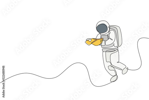 Single continuous line drawing of floating science astronaut in spacewalk reading space map. Fantasy deep space exploration, fiction concept. Trendy one line draw graphic design vector illustration