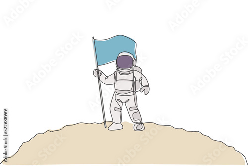 One single line drawing of space man astronaut exploring moon surface and planting the flag to mark it vector illustration. Fantasy outer space life fiction concept. Modern continuous line draw design