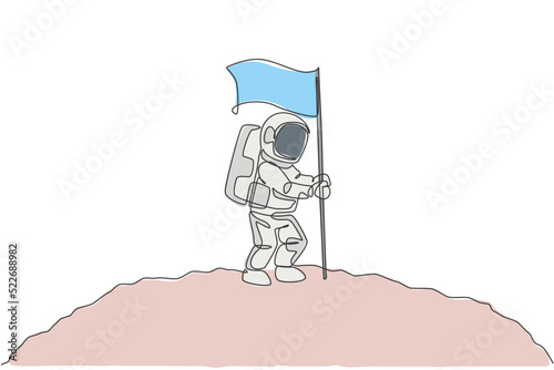 One single line drawing of space man astronaut exploring cosmic galaxy, and planting flag on moon surface vector illustration. Fantasy outer space life fiction concept. Continuous line draw design