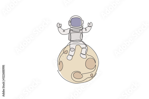 Single continuous line drawing of floating science astronaut in spacewalk and sitting on full moon. Fantasy deep space exploration, fiction concept. Trendy one line draw design vector illustration