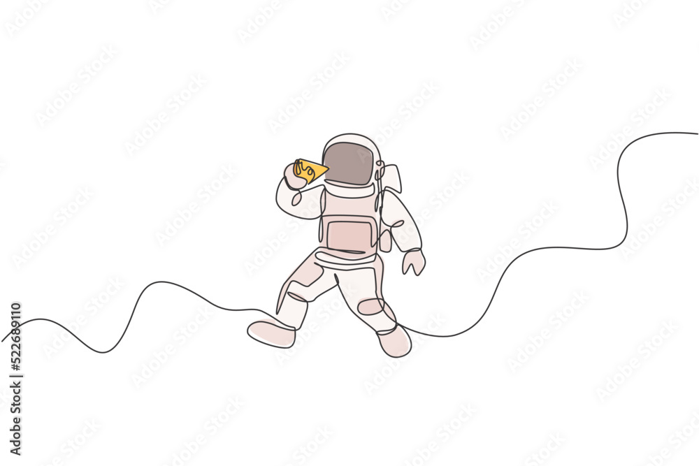 One continuous line drawing cosmonaut eating delicious fresh Italian pizza in galactic universe. Fantasy outer space astronaut life concept. Dynamic single line draw design vector graphic illustration