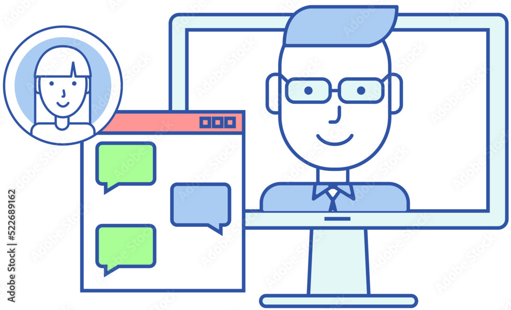 Remote comunication app for computer. Distance chatting, internet video call chat with friends. Program for virtual communication, teamwork. Man during online meeting and chatting in messenger Remote comunication app for computer. Distance chatting, internet video call chat with friends. Program for virtual communication, teamwork. Man during online meeting and chatting in messenger