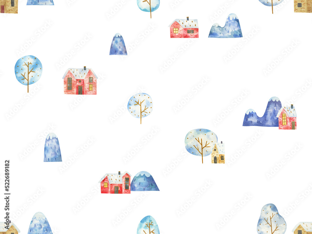 seamless pattern with winter mountain, houses, snowy trees, childish watercolor illustration. Design, print, textile