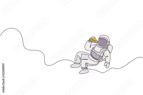 Single continuous line drawing spaceman relaxing and eating spicy delicious Italian pizza in nebula galaxy. Fantasy fiction outer space life concept. One line draw design vector illustration graphic