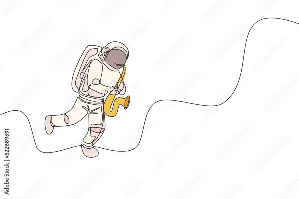 Obraz premium One continuous line drawing astronaut with spacesuit playing saxophone in galaxy universe. Outer space music concert and orchestra concept. Dynamic single line draw design graphic vector illustration