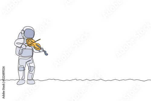 One single line drawing of spaceman playing violin musical instrument in deep space vector graphic illustration. Music concert poster with space astronaut concept. Modern continuous line draw design