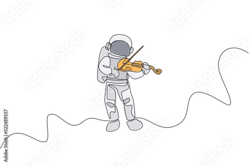 Single continuous line drawing of astronaut playing beauty violin musical instrument in cosmic galaxy. Outer space music concert concept. Trendy one line draw design vector illustration graphic