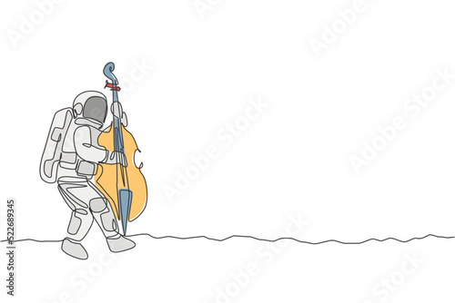 Single continuous line drawing of astronaut cellist playing cello musical instrument on moon surface. Outer space music concert concept. Trendy one line draw design vector graphic illustration