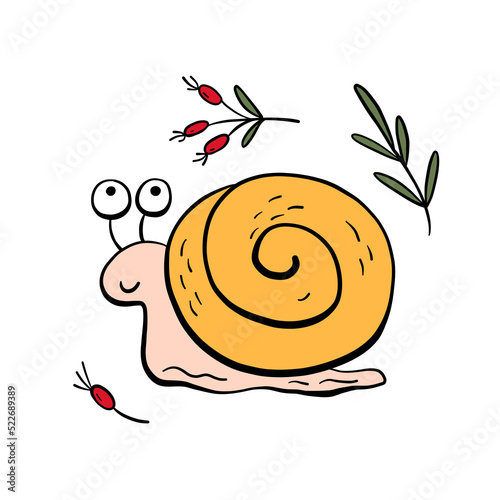 One cute yellow snail, leaves and red berries on a white background. Hand drawn children illustration for fabric, packaging, textiles, clothing, t shirt, postcards, totebag. Vector outline animal