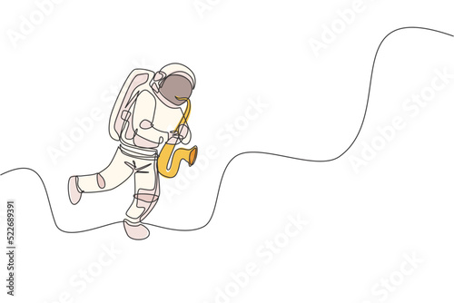 One continuous line drawing astronaut with spacesuit playing saxophone in galaxy universe. Outer space music concert and orchestra concept. Dynamic single line draw design graphic vector illustration