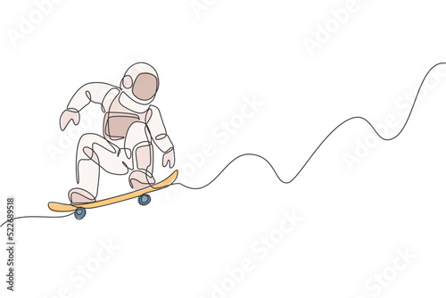 One continuous line drawing of astronaut riding skateboard in deep space galaxy. Spaceman healthy fitness sport concept. Dynamic single line draw graphic design vector illustration