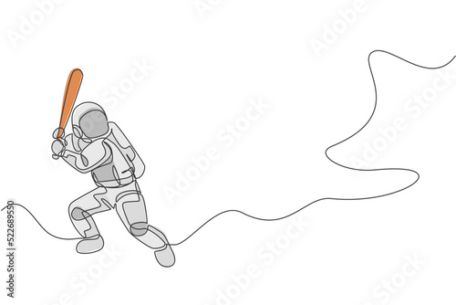 One continuous line drawing of astronaut playing baseball in deep space galaxy. Spaceman healthy fitness sport concept. Dynamic single line draw graphic design vector illustration